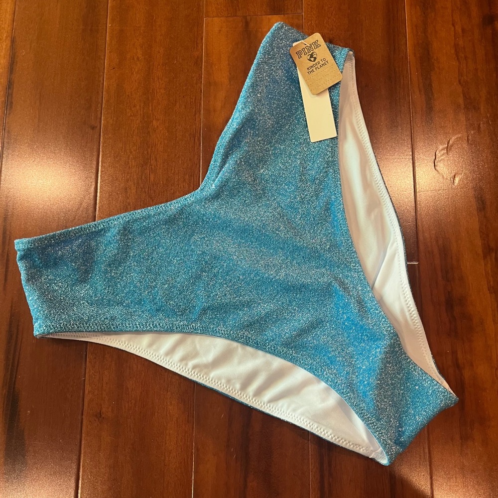 VS PINK Bikini Bottom Blue Turquoise Metallic Shijmmer V Cut High Leg Swim New S